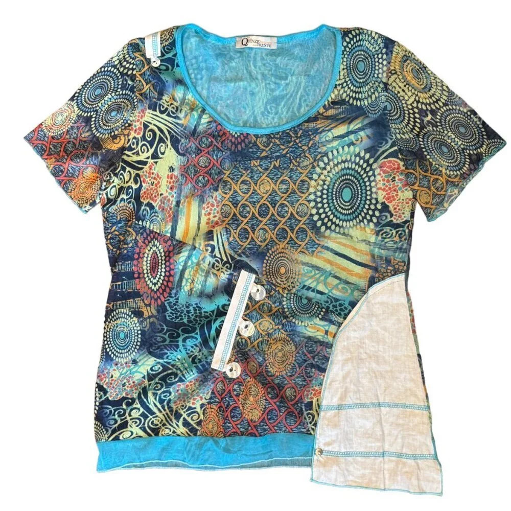 Quinze Heures Trente Top Size Small Graphic 90s Y2K Artsy Mesh Sheer Multicolor